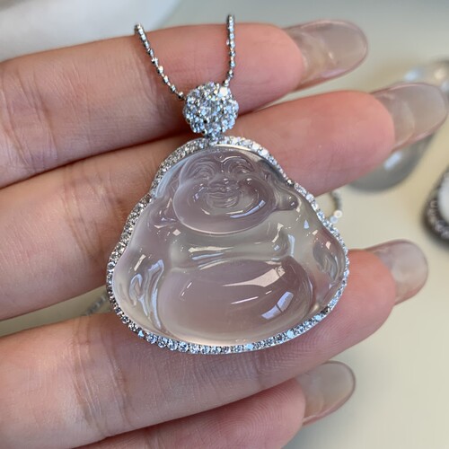纯天然玉石俄冰白冰高冰玻璃种纯净高品质黑刚小佛公吊坠s925银