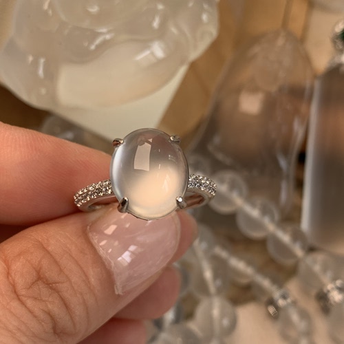 新品纯天然玉石俄冰白冰高冰玻璃种刚蛋戒指活口戒托纯银925