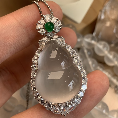 新品纯天然玉石俄冰白冰高冰玻璃种大葫芦吊坠项链纯银925