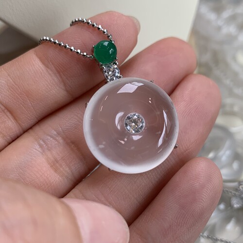 纯天然玉石俄冰白冰高冰玻璃种20黑刚雪花棉平安扣吊坠项链s925银