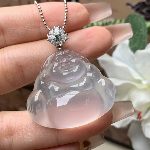 新品纯天然玉石俄冰白冰高冰玻璃种黑刚大佛公吊坠毛衣链s925银