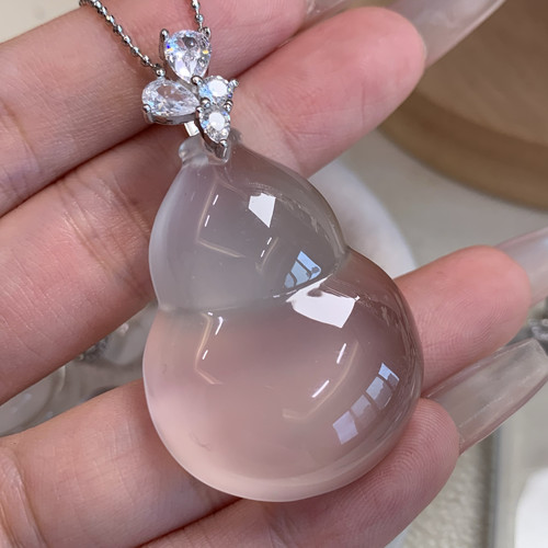 纯天然玉石俄冰白冰高冰玻璃种黑刚净厚装大葫芦吊坠项链s925银