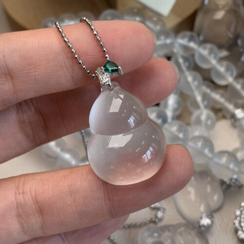 新品纯天然玉石俄冰白冰高冰玻璃种雪花棉胖葫芦吊坠项链纯银925