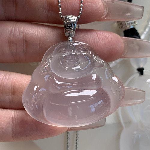 纯天然玉石俄冰白冰高冰玻璃种黑刚大佛公吊坠项链s925银