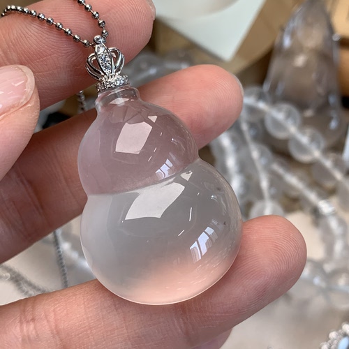 新品纯天然玉石俄冰白冰高冰玻璃种大葫芦吊坠项链纯银925