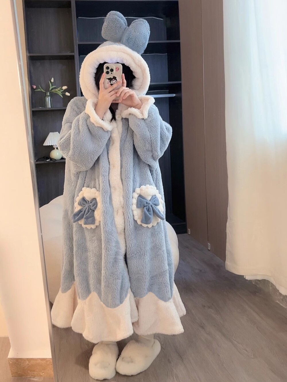 JAPANESE NICHE GP HOODED CORAL VELVET PAJAMAS WINTER WOMENS DRESSING GOWNS AUTUMN AND WINTER NEW THICKENED PLUS SIZE LOUNGEWEAR