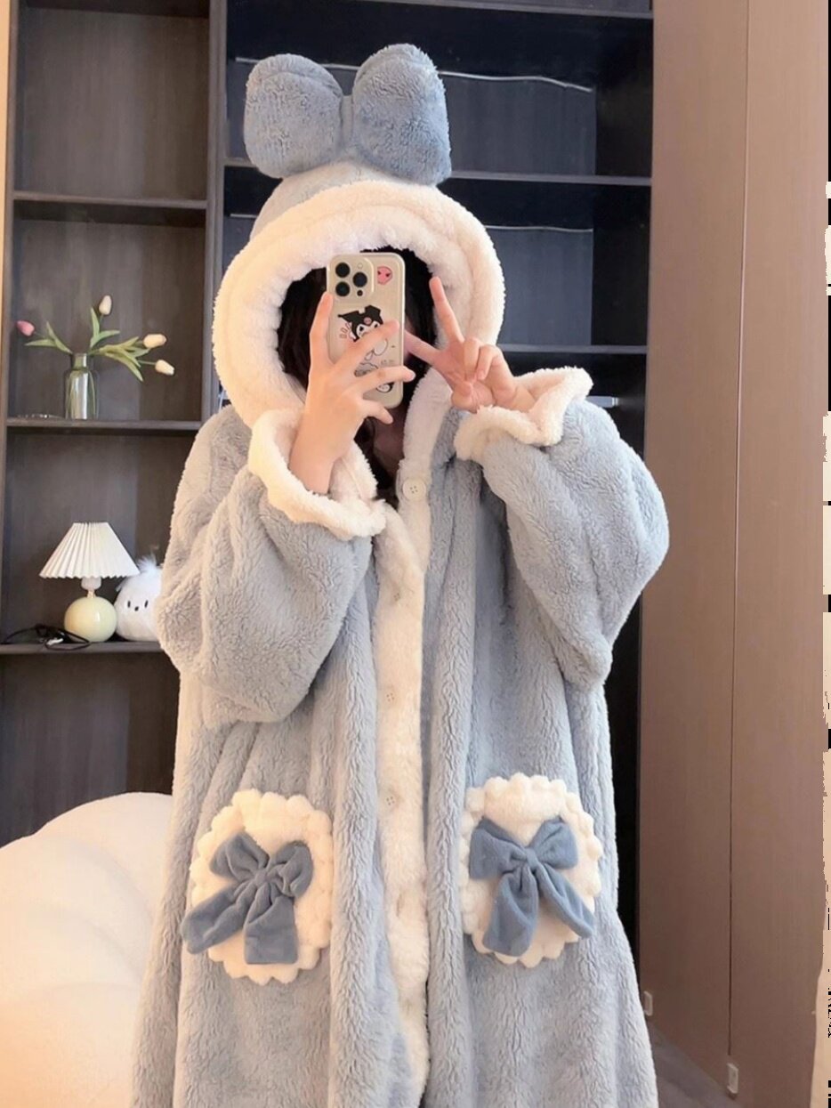JAPANESE NICHE GP HOODED CORAL VELVET PAJAMAS WINTER WOMENS DRESSING GOWNS AUTUMN AND WINTER NEW THICKENED PLUS SIZE LOUNGEWEAR