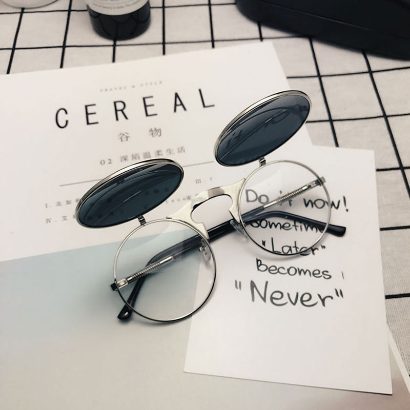 两用上翻双层翻盖墨镜圆形金属蒸汽朋克太阳眼镜个性搞怪男女小脸