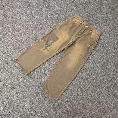 Derschutze补丁刺绣牛仔裤男女宽