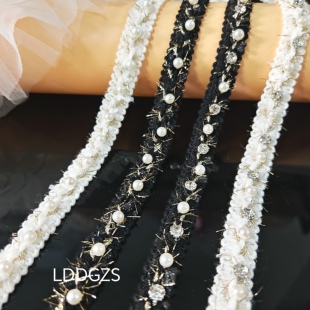 新款小香风金银丝钉珍珠花边辅料手工DIY珍珠领子袖口服装饰织带