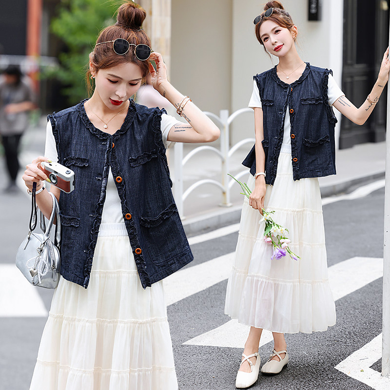 春秋木耳边牛仔马甲披肩外套裙外搭开衫女短款口袋坎肩休闲百搭夏