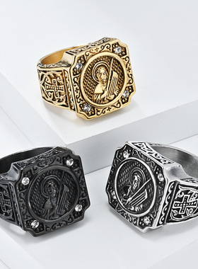 跨境欧美复古十字架人像戒指环男士个性不锈钢扳指做旧手饰品