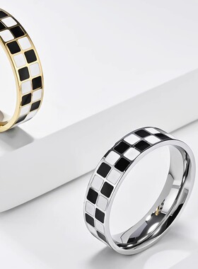 跨境欧美轻奢风黑白格钛钢尾戒指环女士方块时尚通勤小香风配饰