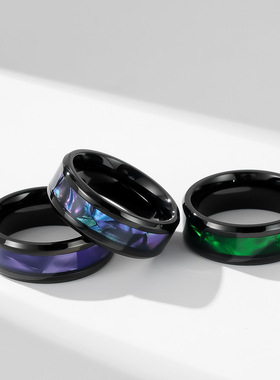 亚马逊不锈钢黑色戒指环男士扳指环 钛钢镶紫色片欧美潮人手饰拍