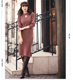 新年大促 獨家娘娘牌HER元 羊毛混泡泡袖肩部纽扣开襟针织连衣裙