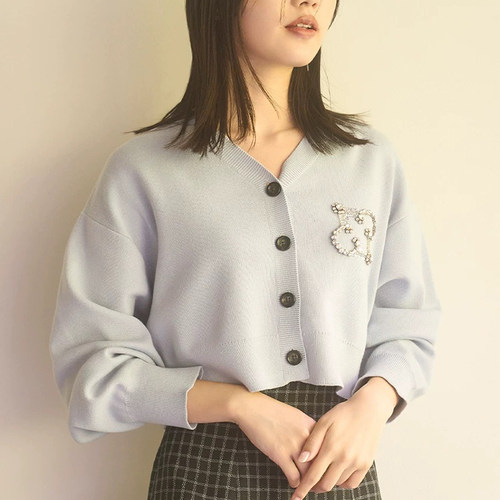 稀少獨家敏感ce1f0rd元 宝石徽标纯色复古泡泡袖V领开衫外套