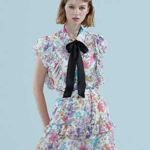 3.8万獨家高端贵牌S0&V元 上衣 荷叶边拼接领口花卉印花衬衫