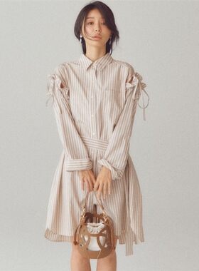 系带露肩条纹/纯色衬衫连衣裙