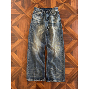 男潮牌磨白阔腿裤 拔尖儿美式 街头压痕水洗宽松直筒cleanfit牛仔裤