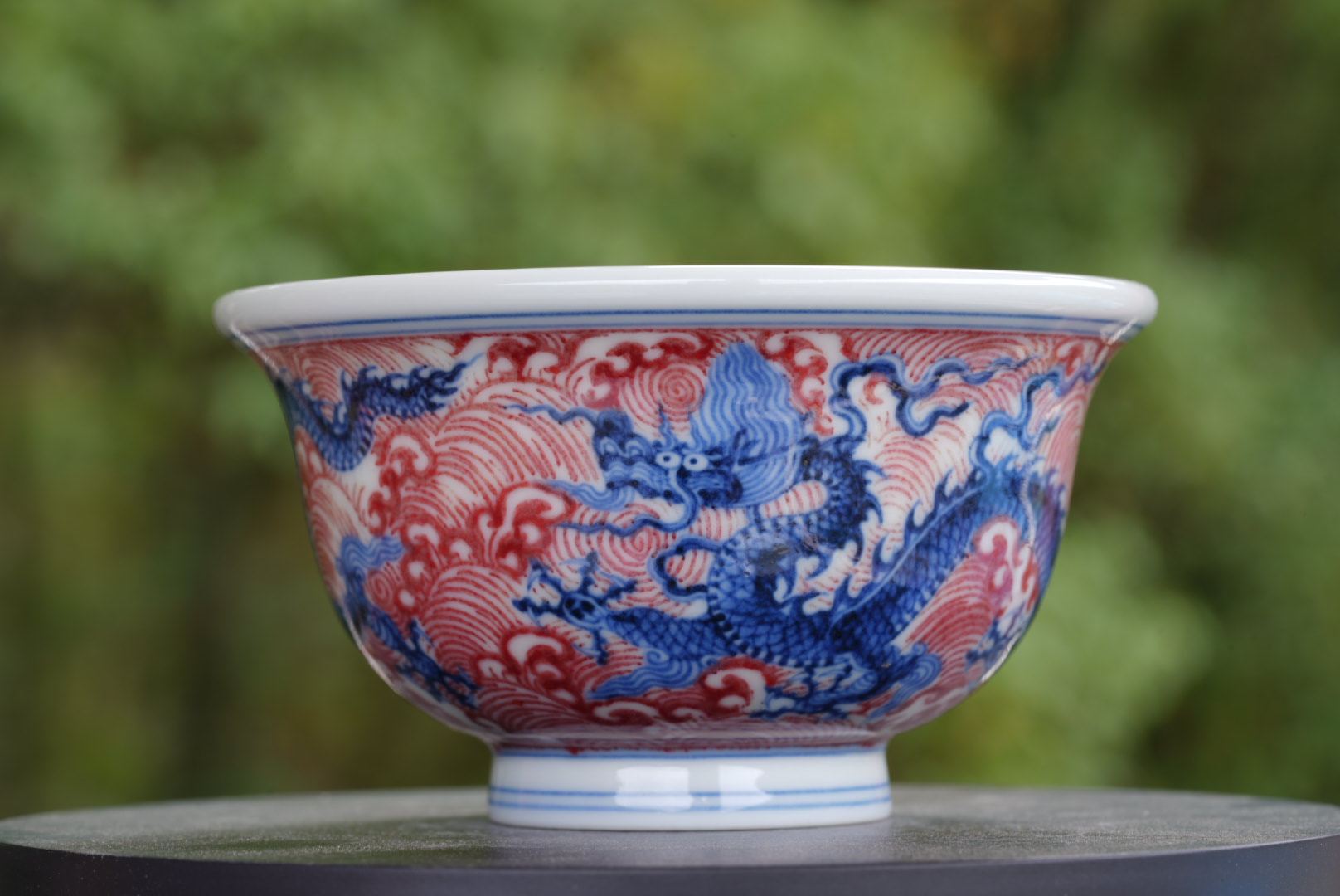 景德镇岚溪草堂原矿青花釉里红龙纹压手杯中式高端纯手工手绘
