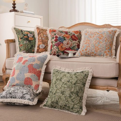 ins风简约抱枕沙发办公室靠枕田园复古油画流苏诧寂风床头靠垫