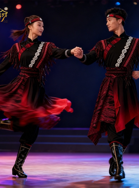 新款蒙古族狂骉舞蹈服男女黑色流苏装民族演出服装舞台表演服出租