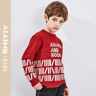 艾艾屋男童上衣冬季 中大童圆领线衣红色字母毛衣KMWM09 儿童新品