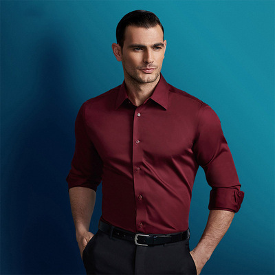 HANY汉尼纯棉酒红色法式衬衫男