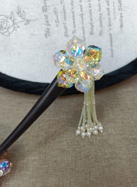 水晶花朵发簪女高级感大号后脑勺盘发发饰头饰米黄花朵流苏发簪