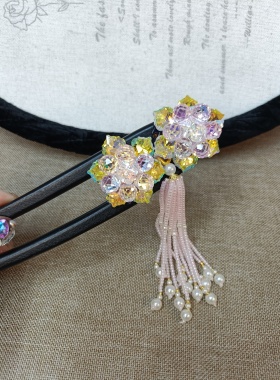 水晶花朵发高级感U形发簪后脑勺盘发发饰头饰粉色花朵流苏发簪