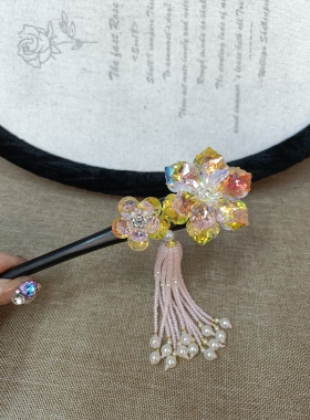 水晶花朵发簪女高级感大号后脑勺盘发发饰头饰粉色花朵流苏发簪