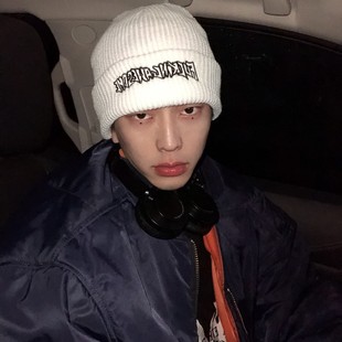 808Hat trick黑白字母毛线粗针织帽子男女刺绣大头围秋冬保暖嘻哈