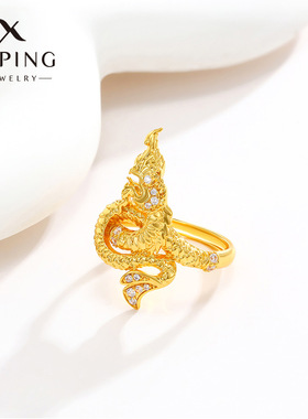 奢侈品平替黄铜镀金时尚新潮男士盘龙戒指金色镶锆霸气龙头戒指男