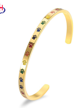 外贸新品钛钢开口C形小清新彩虹手镯女式狗印六色手环配饰品