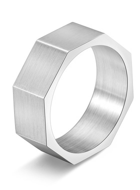 个性INS男士钛钢简约拉丝雕刻八角戒指小众男潮不锈钢手饰品礼物