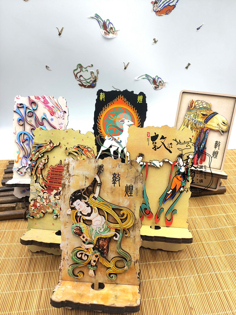 敦煌壁画创意九层楼反弹琵琶双飞天木质座椅手机支架手机座摆台