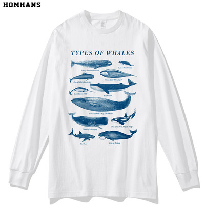 鲸鱼印花长袖T恤重磅纯棉春秋