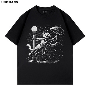 美式经典电影雨中曲创意卡通猫咪趣味印花纯棉短袖T恤男女宽松