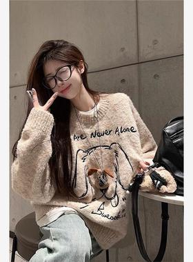 立体小狗慵懒圆领复古2024宽松新款毛衣针织衫秋冬减龄上衣休闲女