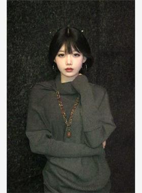 韩系设计不规则松弛蝙蝠袖拼接堆堆领针织衫新款上衣秋冬慵懒毛衣