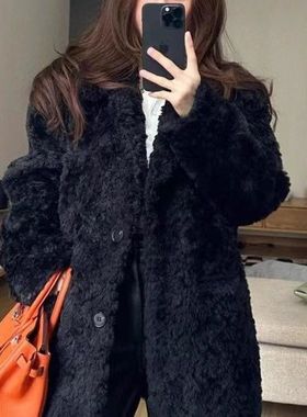 六只象羊羔毛黑色西装外套女冬季2025新款宽松加厚中长款毛毛大衣