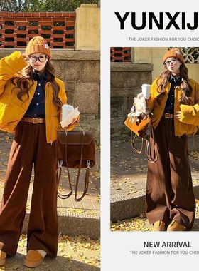 2025冬季美拉德穿搭一整套女新款韩版宽松保暖棉服阔腿裤两件套潮