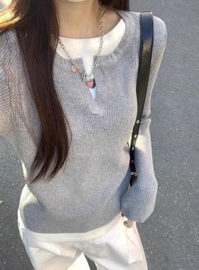 韩系假两件针织衫长袖女2025年秋冬设计感宽松百搭灰色上衣女冬季