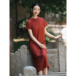 壹秋堂 新中式女装夏新款改良旗袍裙中国风高级感短袖亚麻连衣裙