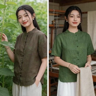 壹秋堂 新中式女装2026新款印花亚麻衬衫女复古风高端立领女衬衣