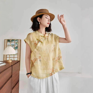荣昌夏布2025年夏季新款立领飞飞袖百搭印花复古显瘦苎麻飞袖上衣