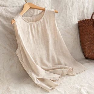 荣昌夏布2025年春季新款复古麻背心女文艺无袖圆领套头气质上衣
