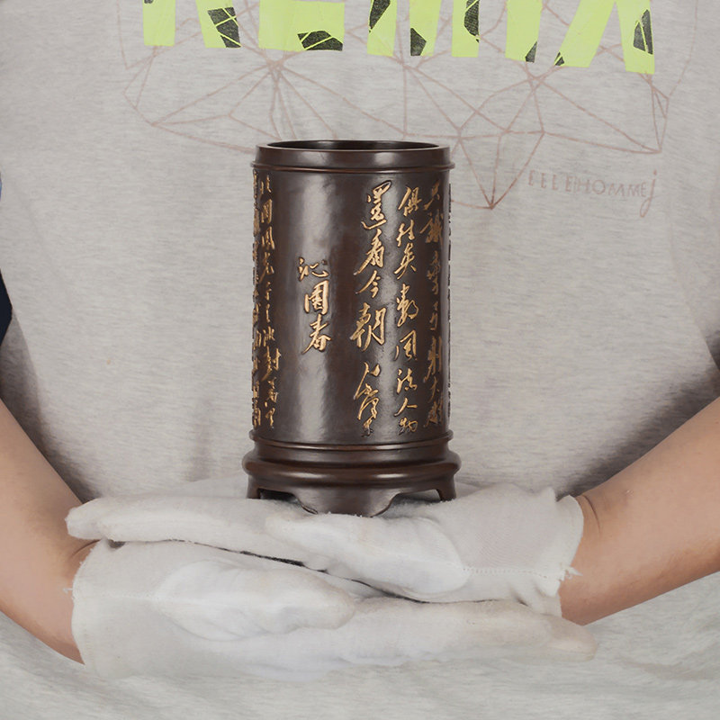 纯黄铜沁园春笔筒办公室笔筒饰品家居书房日笔筒礼品