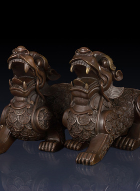 纯黄铜招财貔貅工艺品摆件一对铜貔貅办公室装饰品家居客厅铜摆件