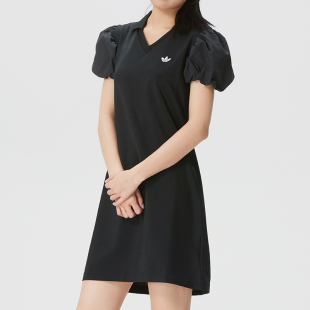 阿迪达斯女子小黑裙26夏季新款泡泡袖收腰显瘦V领半身裙子KD0302